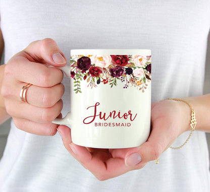 Andaz Press 11oz. Wedding Ceramic Coffee Tea Mug Gift, Fall Autumn Marsala Burgundy Flowers Roses Florals, Junior Bridesmaid, 1-Pack, Includes Gift Box