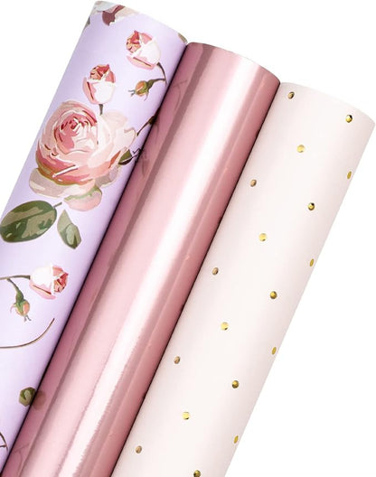 WRAPAHOLIC Pink Wrapping Paper Roll - Mini Roll - 3 Rolls - 17 Inch X 120 Inch Per Roll - Pink Floral Rose Gold Design for Wedding, Bridal Shower, Birthday, Baby Shower, Spring