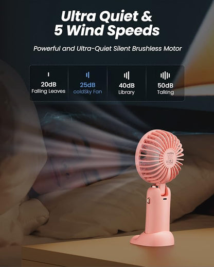 coldSky Portable Handheld Fan, 4000mAh Battery Operated with LED Display, Handheld/Neck/Desk 3 in 1 Personal Small Fan, 90° Foldable Desk Fan with Base, 5 Speed Lash Makeup Fan for Women