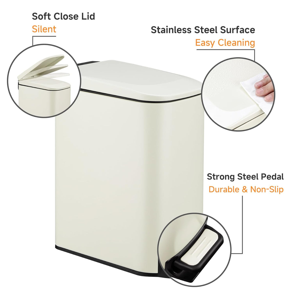 TIPGO Slim Bathroom Trash Can with Lid Soft Close, 6 Liter / 1.6 Gallon Stainless Steel Garbage with Removable Inner Bucket, Small Trash Bins for Bedroom, Office (Cream)