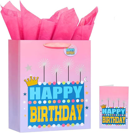 Powbrace 13" Pink Happy Birthday Bag with Tissue Paper and Greeting Card for Party, Happy Birthday Gift Bag for Girls, Kids, Women,Gift Bags Medium size(1 PCS Pink, Gift Bag)