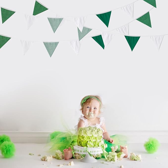 Zwiebeco 32Ft Green White Stripe Dot Fabric Bunting Banner Triangle Flags Cotton Garland Pennant for Birthday Wedding Baby Shower Hen Spring Tea Party Classroom Nursery Home Outdoor Garden Decorations