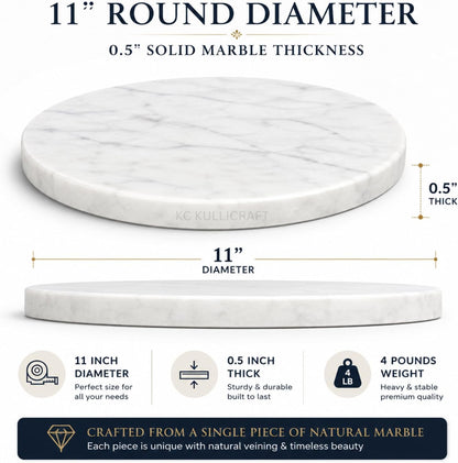 11-Inch Round Marble Cheese Cutting Board, White | Solid Natural Stone, Cutting Board &amp; Charcuterie Serving Tray, Non-Slip Feet, 0.5" Thick, Easy to Clean