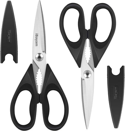 iBayam Black Kitchen Scissors - Heavy Duty Meat & Poultry Shears, Dishwasher Safe Stainless Steel Utility Scissors, 2-Pack Black Kitchen Utensils Set for New Home Essentials