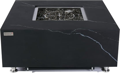 Elementi+ | Sofia Gas Fire Pit | Marble Porcelain & Metal Frame | 40" Square Fire Table | Electronic Ignition | Canvas Cover, Fire Glass & Burner Lid Included | Black | Propane Gas