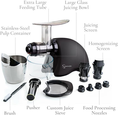 Cold Press SANA 707 Classic Horizontal Single Auger Low Speed Juicer | Easy Clean, Powerful, Auto Feed, Celery Attachment, Frozen Desserts, Pasta Extrusion, 15 Year Warranty, Black