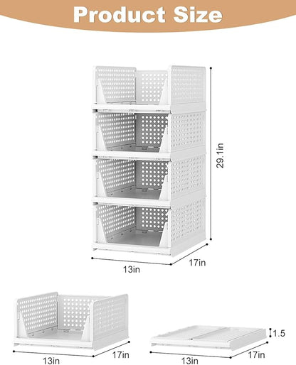 4 Pack Closet Organizer System, Stackable Plastic Clothes Storage Basket, Stackable, Foldable Organizers for Wardrobe Clothes Organizer Suitable for Bedrooms Bathrooms Kitchen Living Rooms Office Dorm
