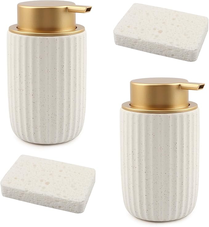 2 Pack Speckled Ceramic Foam Soap Dispenser, 12 oz Matte Pump Hand Foam Dispenser with 2 Cleaning Sponges, Refillable Pump, Foaming Dispenser for Bathroom, Kitchen (Color:Speckled White)