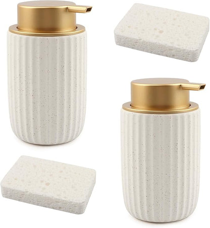 2 Pack Speckled Ceramic Foam Soap Dispenser, 12 oz Matte Pump Hand Foam Dispenser with 2 Cleaning Sponges, Refillable Pump, Foaming Dispenser for Bathroom, Kitchen (Color:Speckled White)