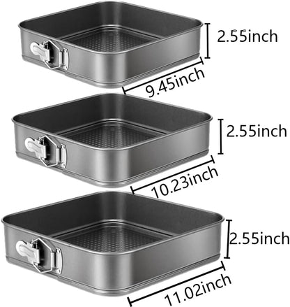 Springform Cake Pan Set of 3 (9.5, 10, 11 Inch) Square Baking Pans Nonstick Cheesecake Pans with Removable Bottom Bakeware for Cake, Cheesecakes, Pizza, and Quiches