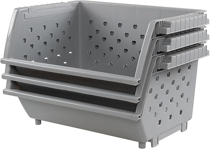 3 Pack Large Open Front Stacking Storage Bins, Plastic Stackable Basket , Gray