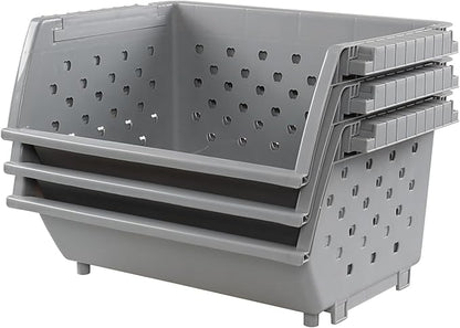 3 Pack Large Open Front Stacking Storage Bins, Plastic Stackable Basket , Gray