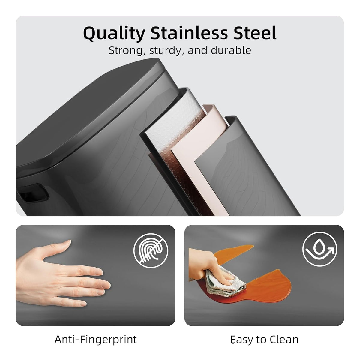 KUK 13 Gallon Kitchen Trash Can with Lid, 50L/13Gal Office Step Garbage Can for Home, Kitchen, Laundry Room, Office, Brushed Stainless Steel, Titanium Black