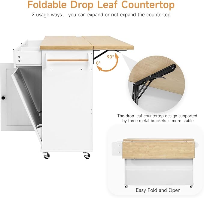 60" Kitchen Island with Power Outlet & Drop Leaf, Kitchen Rolling Island with Spice Rack & Towel Rack, Knife Holder, Kitchen Island Cart with Trash Storage Cabinet, Mobile Island Table for Kitchen