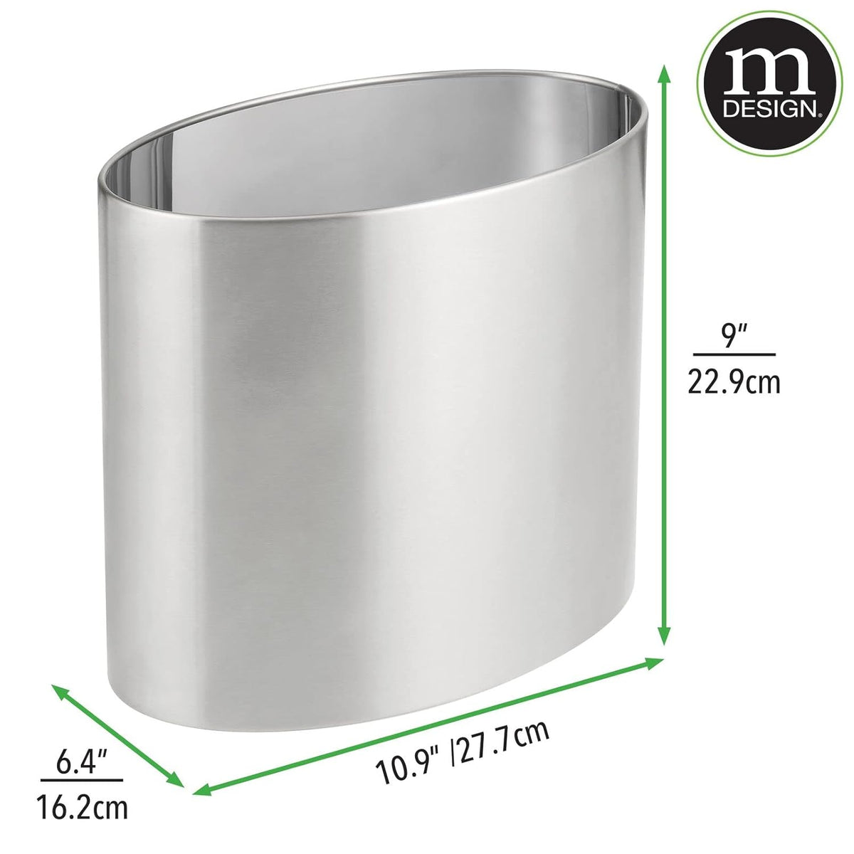 mDesign Stainless Steel Metal Oval Trash Can, 7.9 Liter/2.09 Gallon Wastebasket, Garbage Basket Bin for Bathroom, Bedroom, Kitchen, Office, Holds Waste and Recycle, Mirri Collection, Brushed/Chrome