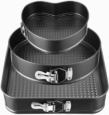 Springform Cake Pan Set of 3 (7, 8, 9 Inch) Heart Round Square Baking Pans Nonstick Cheesecake Pans with Removable Bottom Stainless Steel Bakeware for Cake, Mousse