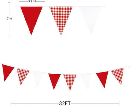 32Ft Red Party Decorations Red Plaid Checkered White Triangle Flag Gingham Pennant Bunting Fabric Garland for Christmas Wedding Birthday Carnival Picnic X-mas Outdoor Home Party Festivals Decoration