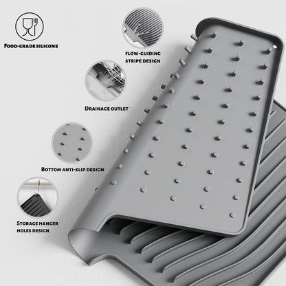 CIEO Silicone Dish Drying Mat for Kitchen Counter, Slope Fast Self-Draining, Non-Slip Drain Pad, Easy Clean Countertop Protection Mat, Multiple Use for Dishes Drying Rack（18.9"x 13.58",Gray）