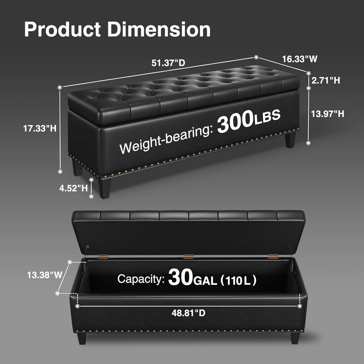 Storage Ottoman Bench, 51-Inch Large Storage Bench for Bedroom End of Bed, 30 Gallons Faux Leather Bench with Storage for Bedroom, Living Room, Entryway, Hallway, Black