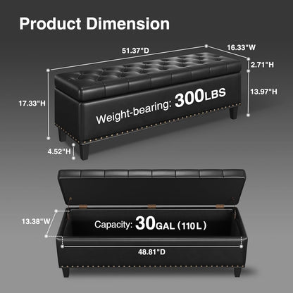 Storage Ottoman Bench, 51-Inch Large Storage Bench for Bedroom End of Bed, 30 Gallons Faux Leather Bench with Storage for Bedroom, Living Room, Entryway, Hallway, Black