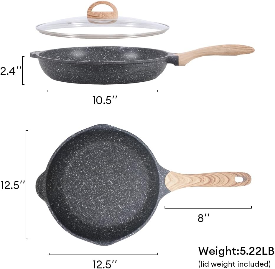 JEETEE Nonstick Frying Pans Skillet with Lid, 12.5" Granite Non-Stick Frying pan, Aluminum Pans with Bakelite Handle, Compatible with All Stovetops (Gas, Electric & Induction), Grey