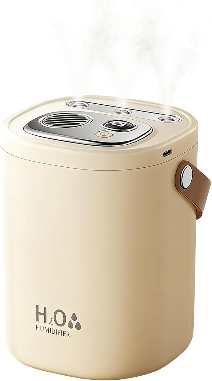 Portable Bedroom Humidifier, 2L Large Capacity, 3-Speed Mist Settings, Built-in Night Light, USB-Rechargeable Quiet Humidifier, Suitable for Bedrooms, Offices, and Nurseries (Off-White)