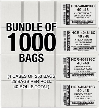 Aluf Plastics High Density Trash Bags, 45 Gallon, 1000 Count, 16 Micron (eq), 40" x 48", Clear, for Bathroom, Office, Industrial, Commercial, Janitorial, Municipal, Recycling