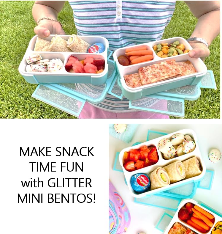 kinsho Glitter Bento Snack Containers with Lids, Mini Bento-box Lunch-Box for Toddler Daycare and Small Kids, Travel Meal Container
