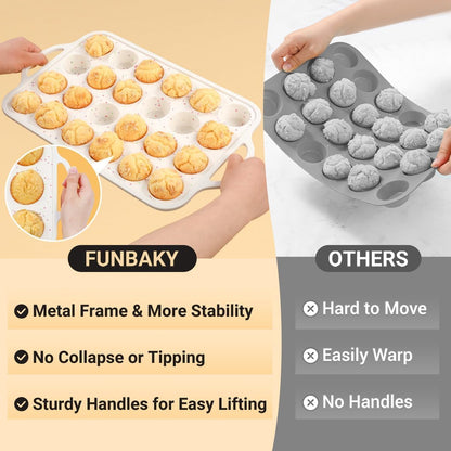 FUNBAKY Silicone Mini Muffin Pan, Metal Reinforced Frame 24 Cups Nonstick Mini Cupcake Pans with Handles Easy to Move for Baking Muffin, Cupcake, Egg Bites Oven Safe, Silicone Molds 2 Pack Confetti