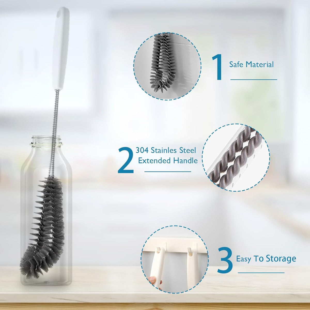 16 inches Long Handle Black Bottle Cleaning Brushes - Perfect for Baby Bottles, Sports Bottles, Glassware, Mugs, Jars, and Stemware (1-pc)