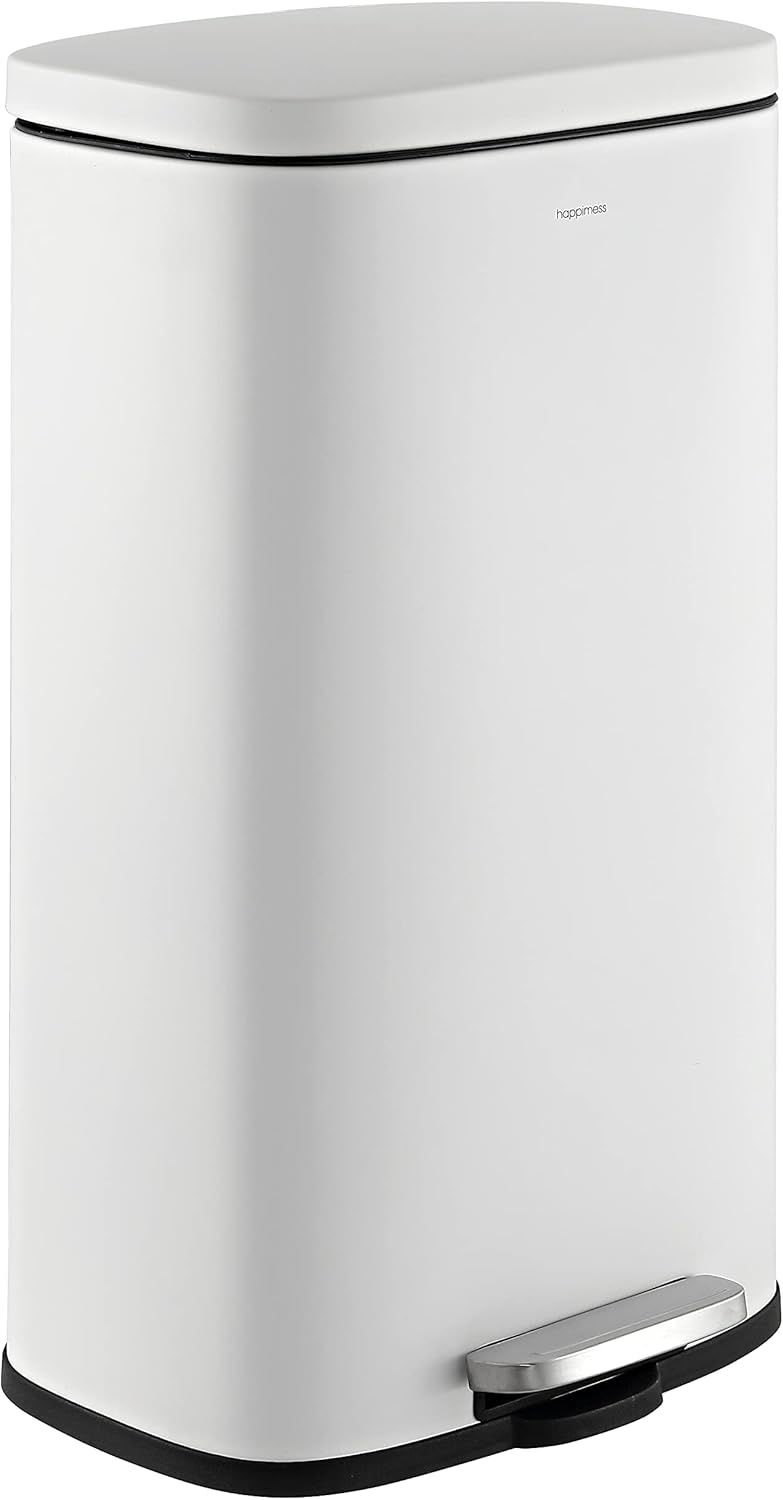 happimess HPM1011C Curtis 8-Gallon Step-Open Trash Can with Soft-Close Lid, Modern, Minimalistic, Fingerprint Proof for Home, Kitchen, Laundry Room, Office, Bedroom, Bathroom, White