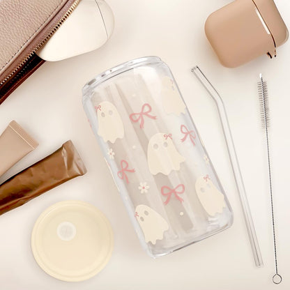 Halloween 16oz Can Glass Tumbler with Acrylic Lid & Straw, Iced Coffee Cup for Women Girls, Aesthetic Cups Gifts for Party