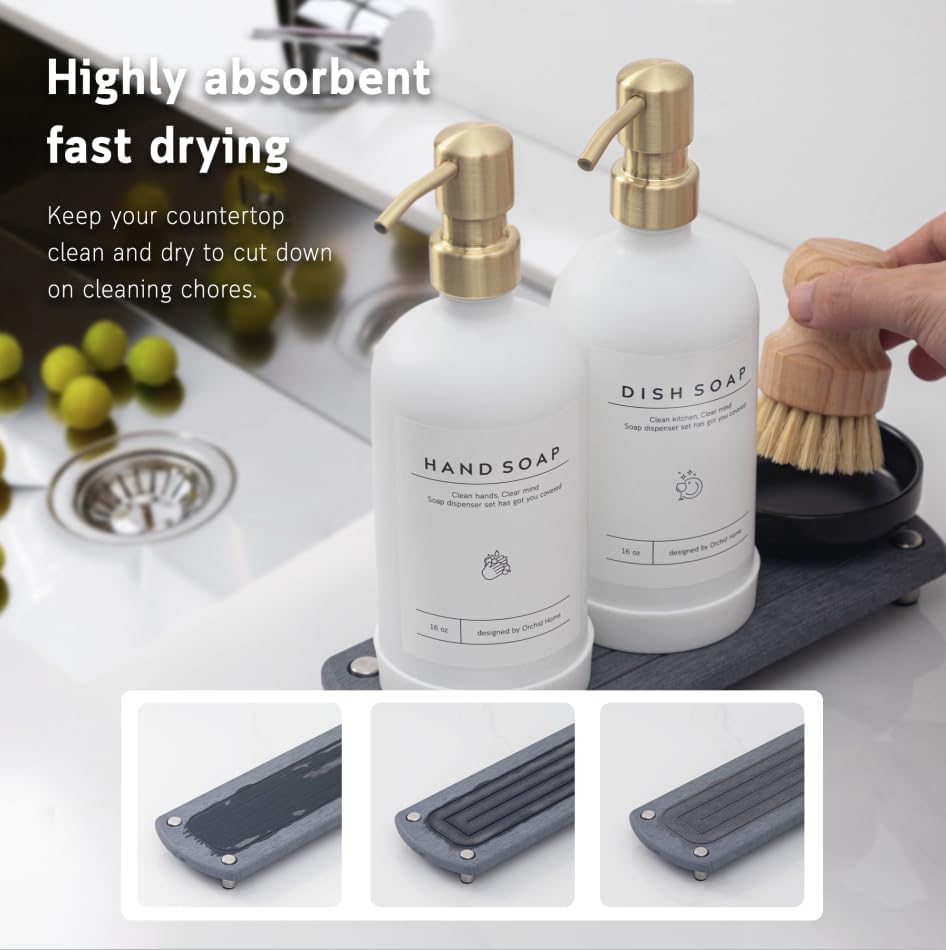 [Luxury] Kitchen Soap Dispenser Set - 16OZ White Glass Bottle, Stainless Steel Pump, Instant Dry Tray, Waterproof Labels, Non-Slip Silicone Pad, and Dish Brush | Upgrade for Your Kitchen and Bathroom