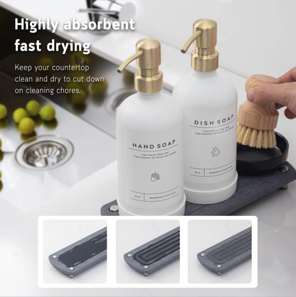 [Luxury] Kitchen Soap Dispenser Set - 16OZ White Glass Bottle, Stainless Steel Pump, Instant Dry Tray, Waterproof Labels, Non-Slip Silicone Pad, and Dish Brush | Upgrade for Your Kitchen and Bathroom