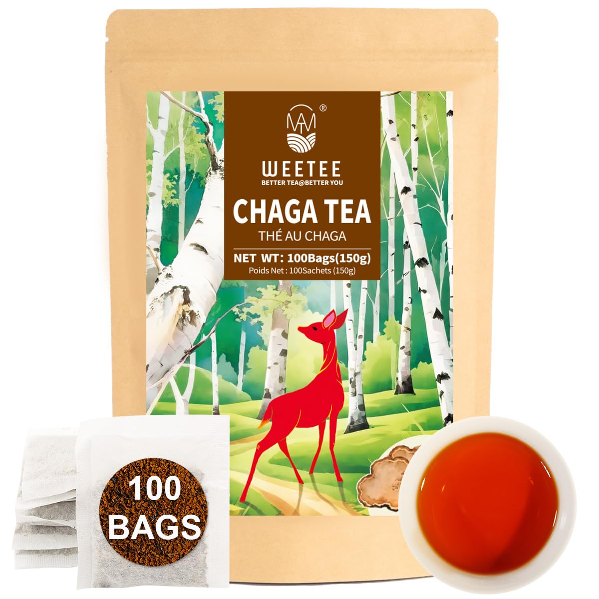 WT Weetee Chaga Tea Bags 100 Count, 100% Siberian Birch Chaga Mushroom Tea, Caffeine-Free - Rich in Antioxidants