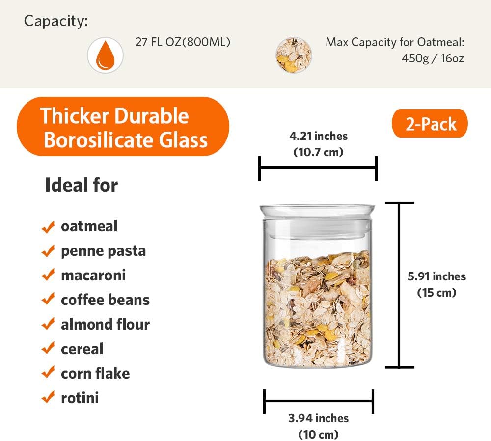 Zens 27oz Glass Jars with Airtight Lid Set of 2, Clear Glass Storage Containers, Glass Kitchen Canisters with Airtight Lids