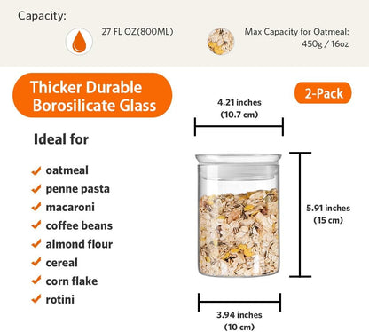 Zens 27oz Glass Jars with Airtight Lid Set of 2, Clear Glass Storage Containers, Glass Kitchen Canisters with Airtight Lids