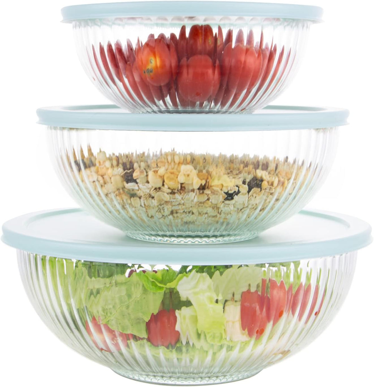 WhiteRhino Glass Mixing Bowls with Lids Set of 3(3.7QT, 2.1QT, 1.1QT),Large Kitchen Salad Bowls, Space-Saving Nesting Bowls
