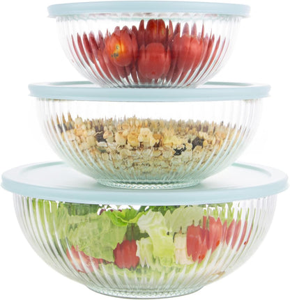 WhiteRhino Glass Mixing Bowls with Lids Set of 3(3.7QT, 2.1QT, 1.1QT),Large Kitchen Salad Bowls, Space-Saving Nesting Bowls