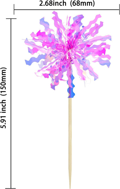 Gyufise 20Pcs Foil Firework Cupcake Toppers Happy Birthday Cake Toppers Sparkle Tinsel Flower Drink Stirrers Cocktail Food Fruit Toothpicks for Valentine's Day Party Supplies Rose Red