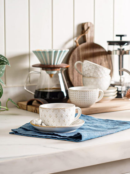 LE Tauci Cappuccino Cups with Saucers 6 oz, Ceramic Embossment Coffee Cup for Au Lait, Double shot, Latte, Cafe Mocha, Tea, Dishwasher Safe