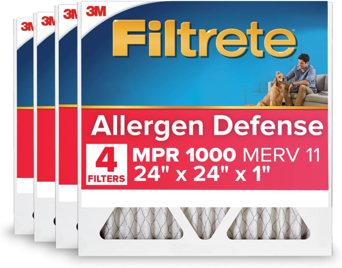 Filtrete 24x24x1 AC Furnace Air Filter, MERV 11, MPR 1000, Micro Allergen Defense, 3-Month Pleated 1-Inch Electrostatic Air Cleaning Filter, 4 Pack (Actual Size 4-Pack 23.69x23.69x0.81 in)