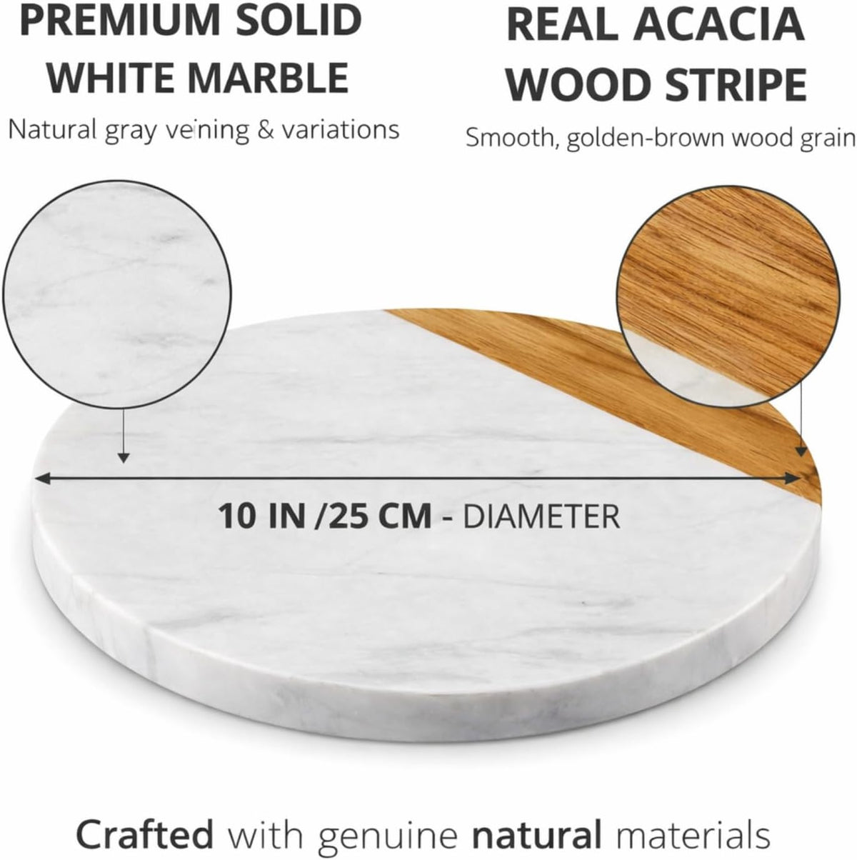 White Marble Board, 10 Inches | Cheese Board, Acacia Wooden Serving Tray, For Charcuterie, Cheese, Meats, Fruit, Crackers, Cutting Board, Round Slab