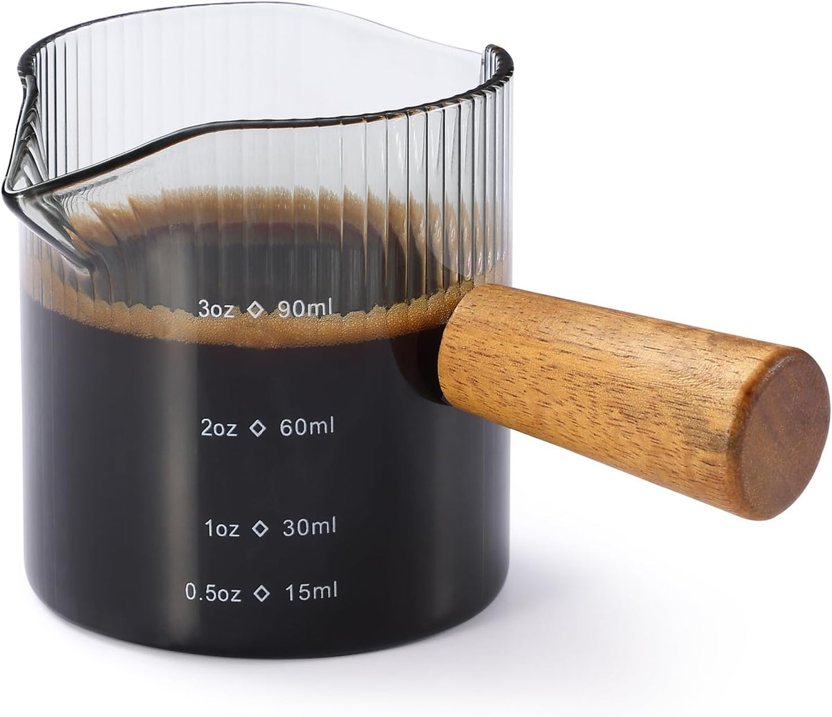 Espresso Cups 3 OZ, Double V-Shaped Spouts Cups, Espresso Shot Glasses with Wood Handle, Ribbed Milk Measuring Cup