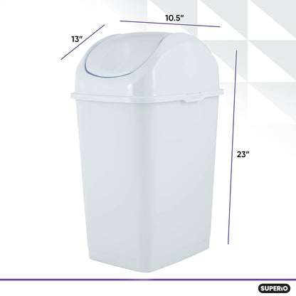 Superio Kitchen Trash Can with Swing Top Lid 9 Gallon Slim Waste Bin 37 Qt Sturdy Plastic Garbage Can Medium Recycling Bin for Office, Bathroom, Under Counter, Dorm, Bedroom (White-2 Pack)