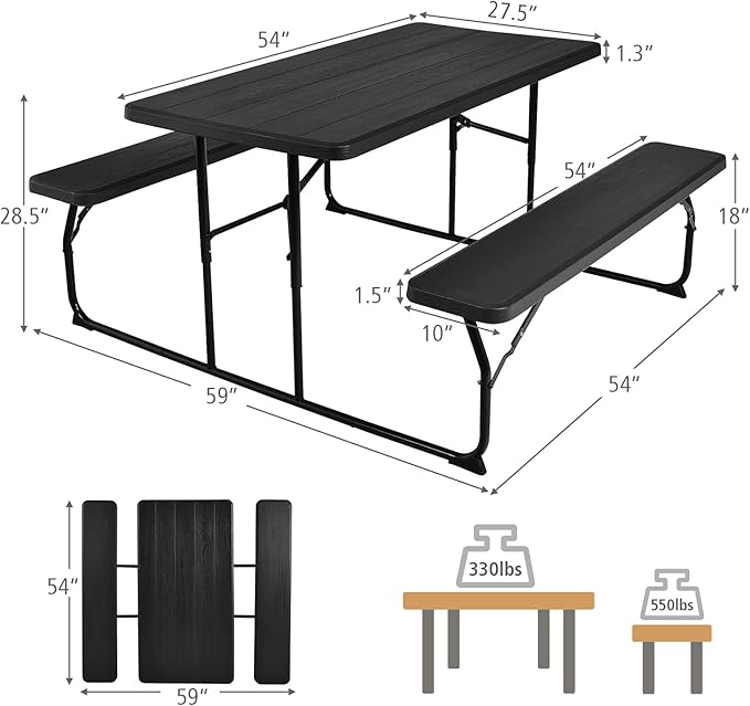 GYMAX Picnic Table, 550 LBS Folding Picnic Tables with Benches & Seats, Weather-Resistant Easy Setup Portable Picnic Table, Wood-Like Foldable Picnic Tables for Outdoors Patio Deck Party BBQ (Black)