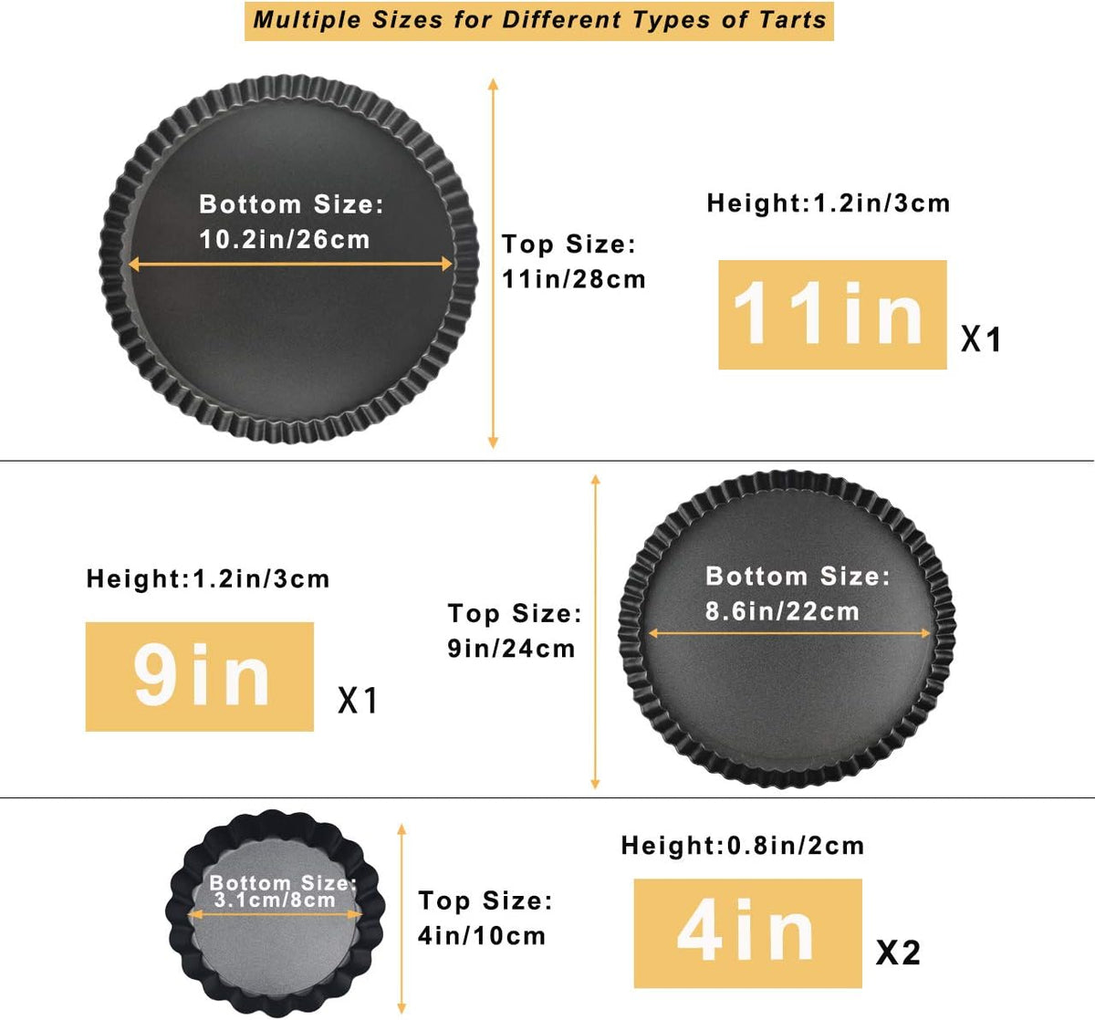 11 & 9 Inch Round Tart Pans with 2Pcs 4'' Mini Pans. Removable Bottom, Non-Stick Coating, Rugged Carbon Steel for Tart Quiche Pie Making