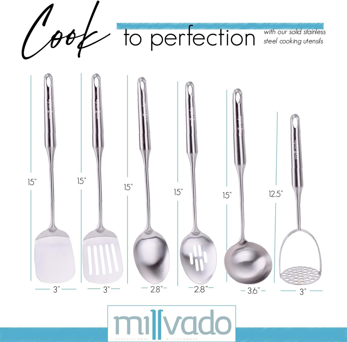 Stainless Steel Kitchen Utensil Set, Cooking Utensils, Set of 6 Kitchen Tools, Solid Spoon, Slotted Spoon, Solid Turner, Slotted Turner, Soup Ladle