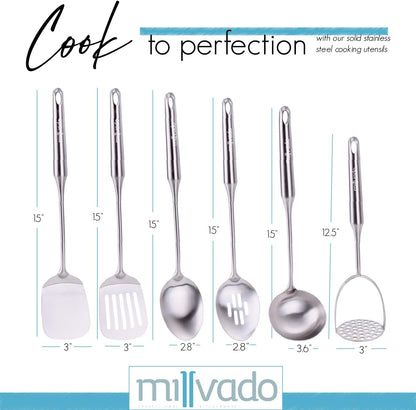 Stainless Steel Kitchen Utensil Set, Cooking Utensils, Set of 6 Kitchen Tools, Solid Spoon, Slotted Spoon, Solid Turner, Slotted Turner, Soup Ladle