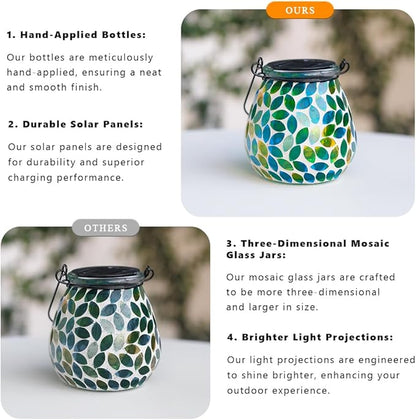 Starsoul Solar Lanterns Outdoor Waterproof, Unique Green Mosaic Glass Solar Garden Lights, Decorative Outdoor Lantern for Outside Patio Pathway Porch Yard Table